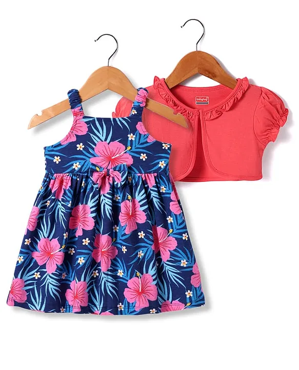 Babyhug Single Jersey Knit Frill Sleeves Frock with Beach Theme Print  - Orange Purple & Green main image 1